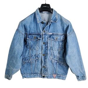 Vtg 80s Guess Georges Marciano Trucker Denim Jacket Mens S Blue Distressed USA